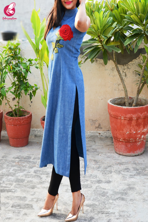 Blue Denim Patch Work Straight Fit Kurti