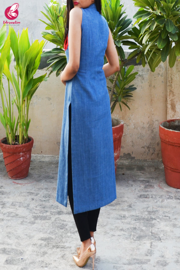 Blue Denim Patch Work Straight Fit Kurti