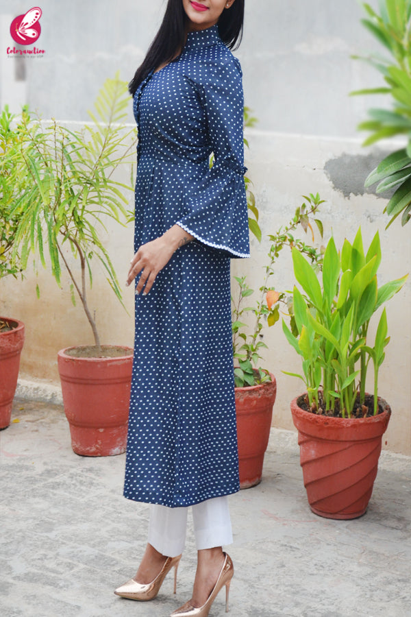 Navy Blue Printed Denim Front Slit Kurti