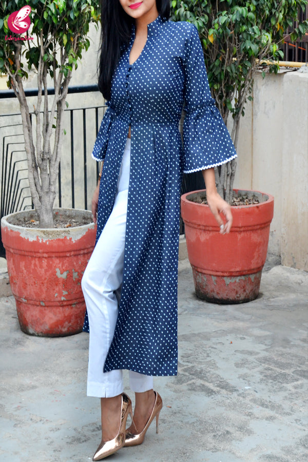 Navy Blue Printed Denim Front Slit Kurti