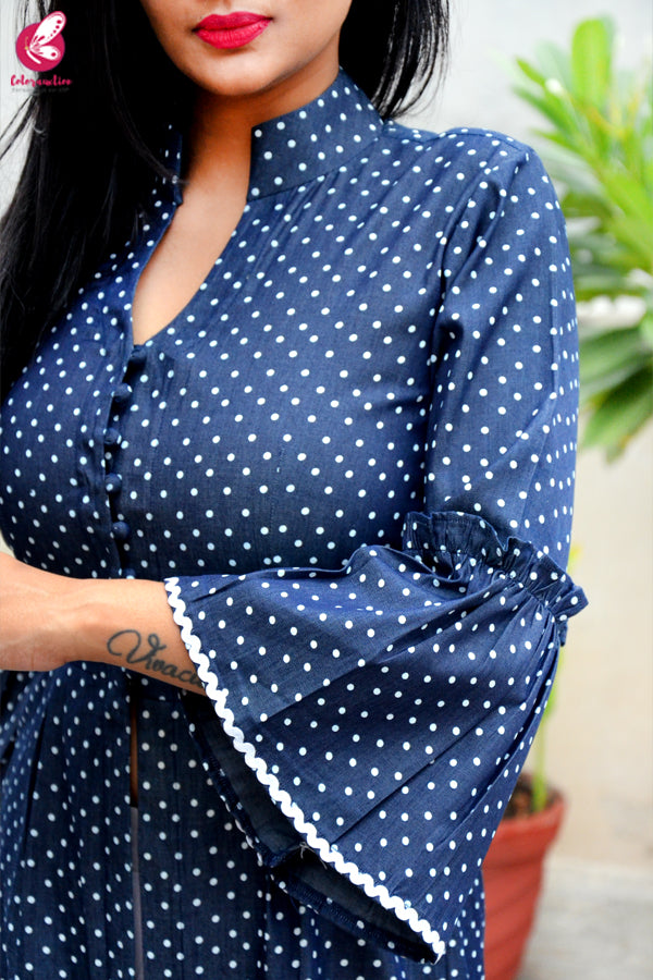 Navy Blue Printed Denim Front Slit Kurti