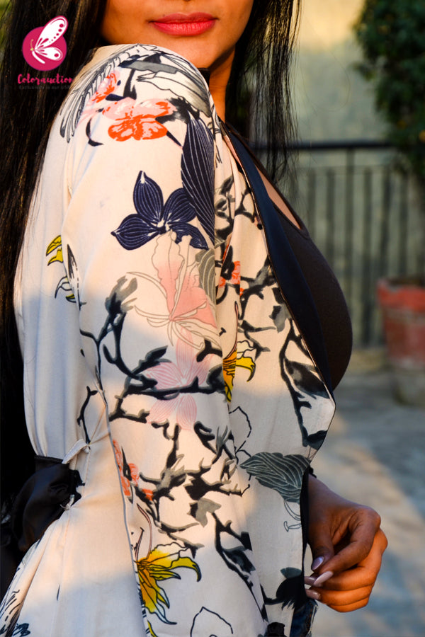 Multicoloured Printed Crepe Black Satin Collar Open Front Long Shrug