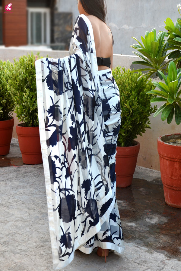 Blue &amp; White Printed Crepe Satin Taping Saree