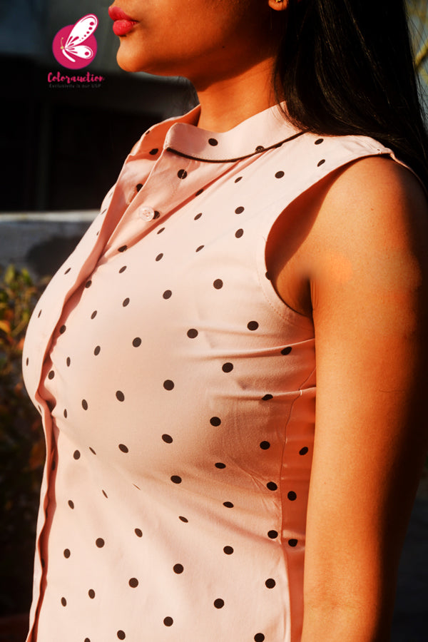 Light Peach Pink Polka Dots Printed Sleevesless Shirt