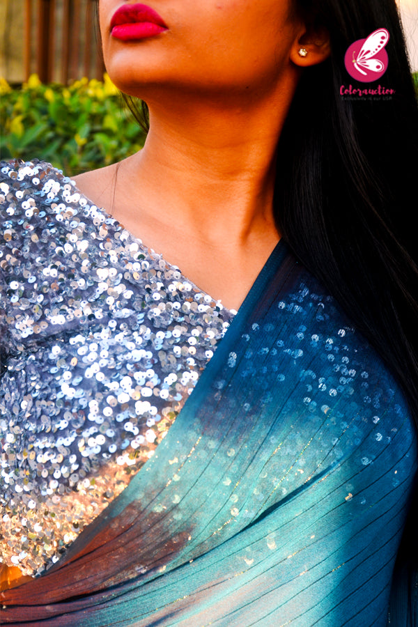 Teal Blue Satin Georgette Fancy Saree