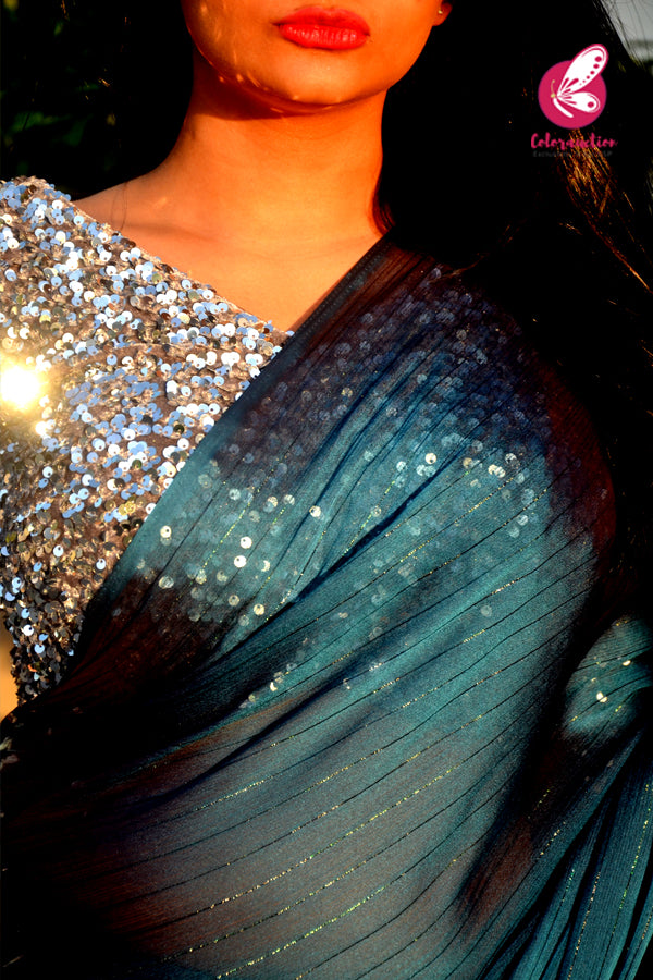 Teal Blue Satin Georgette Fancy Saree