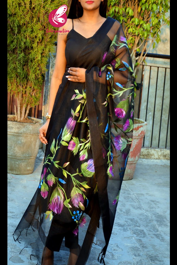 Black Multicoloured Floral Pure Organza Stole