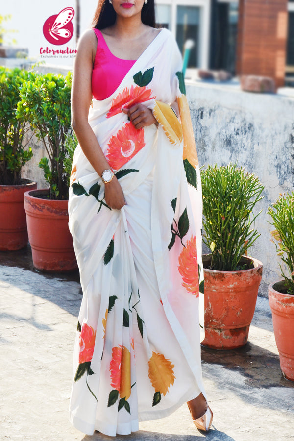 White Viscose Crepe Handpainted Floral Dupion Taping Saree