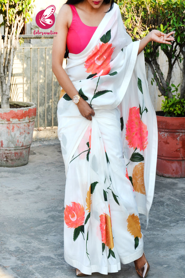 White Viscose Crepe Handpainted Floral Dupion Taping Saree