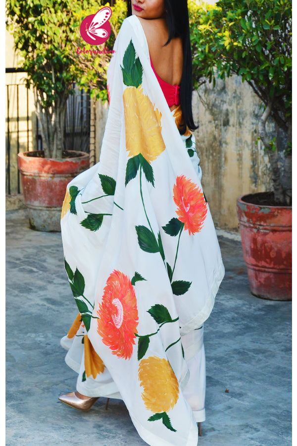 White Viscose Crepe Handpainted Floral Dupion Taping Saree