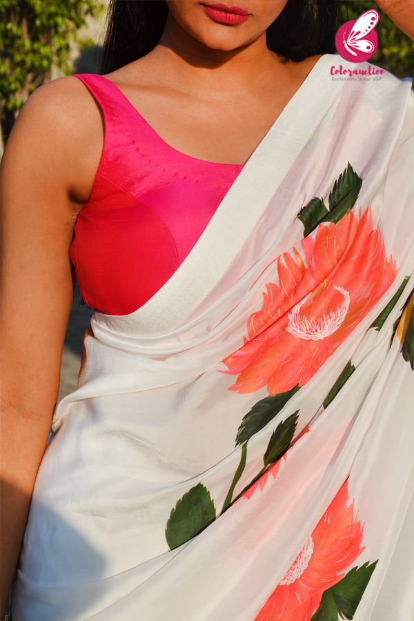 White Viscose Crepe Handpainted Floral Dupion Taping Saree