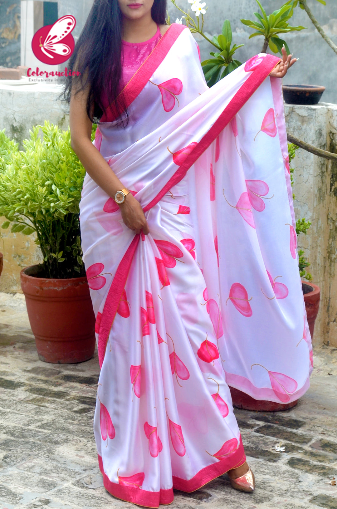 Pink &amp; White Satin Georgette Printed Dupion Taping Piping Saree