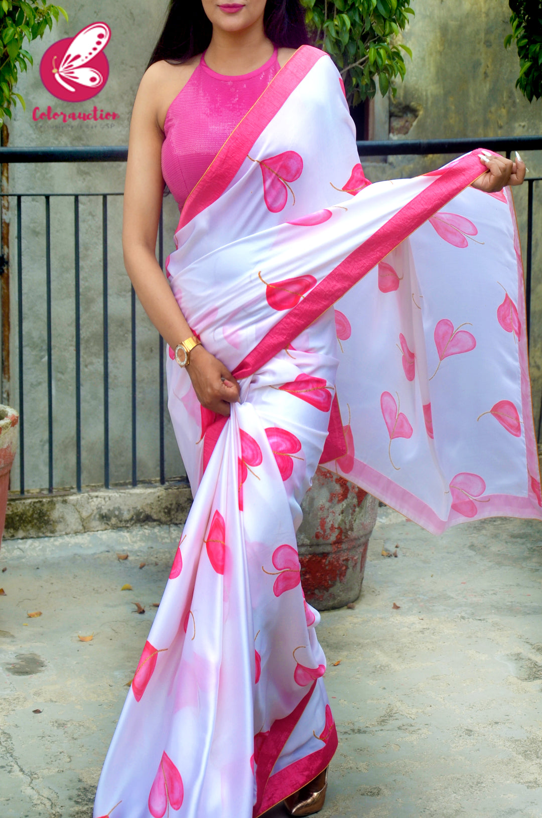 Pink &amp; White Satin Georgette Printed Dupion Taping Piping Saree