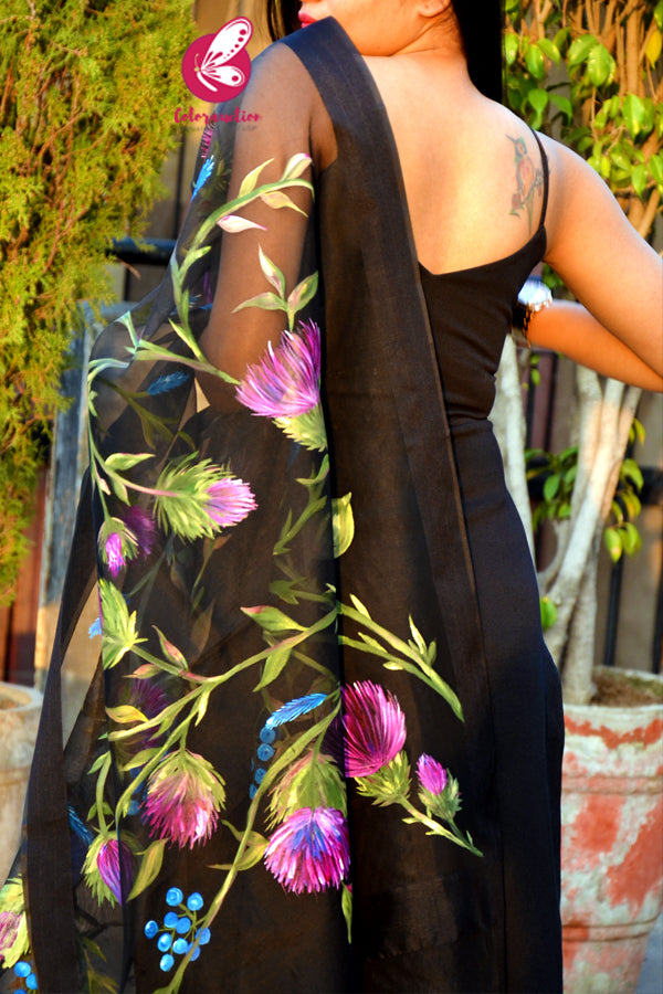 Black Multicoloured Floral Pure Organza Stole