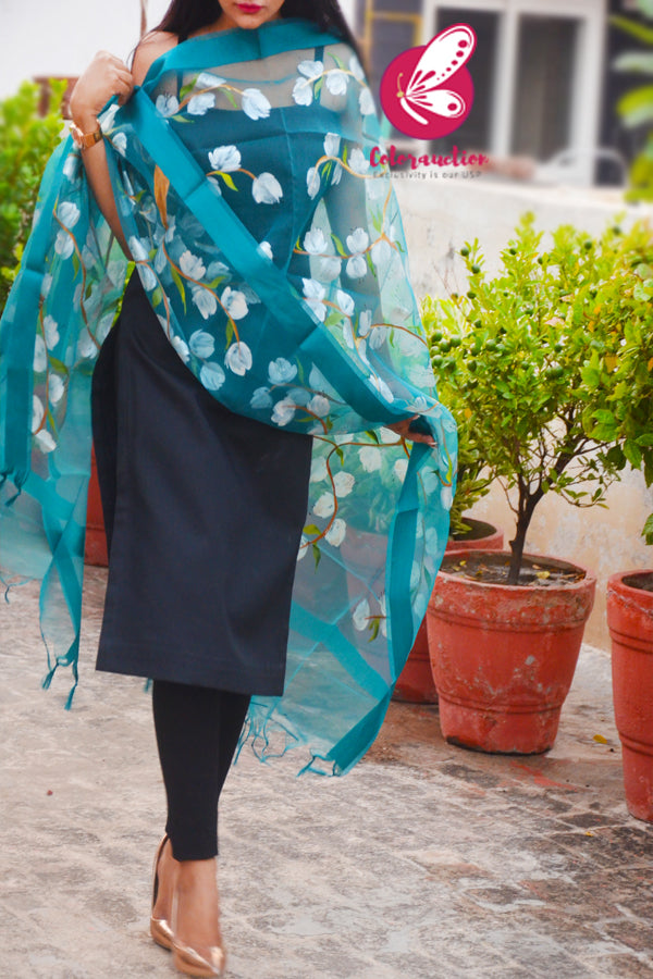 Teal Green Organza Hand painted Floral Stole