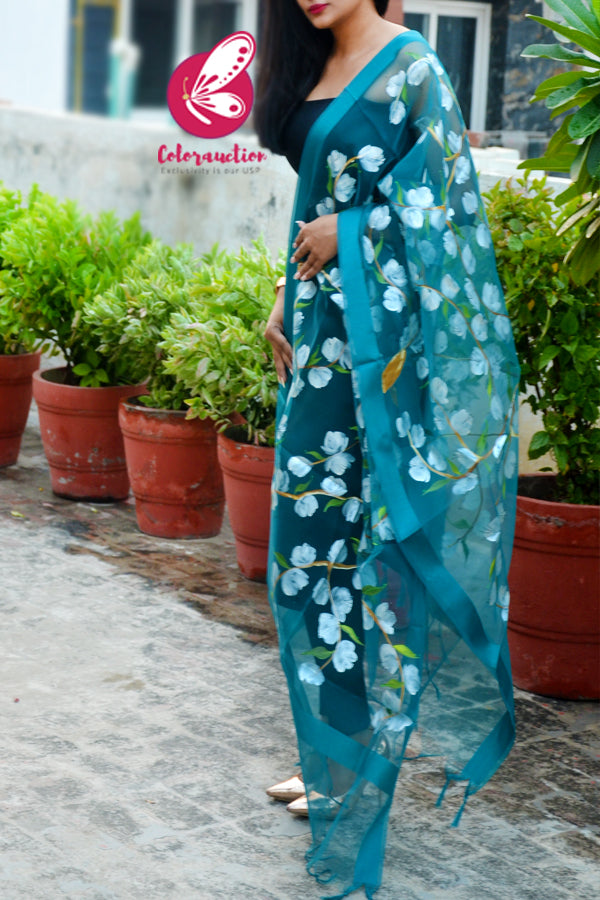 Teal Green Organza Hand painted Floral Stole