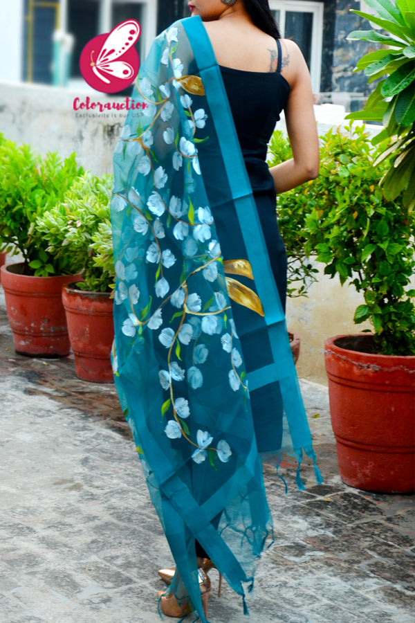 Teal Green Organza Hand painted Floral Stole