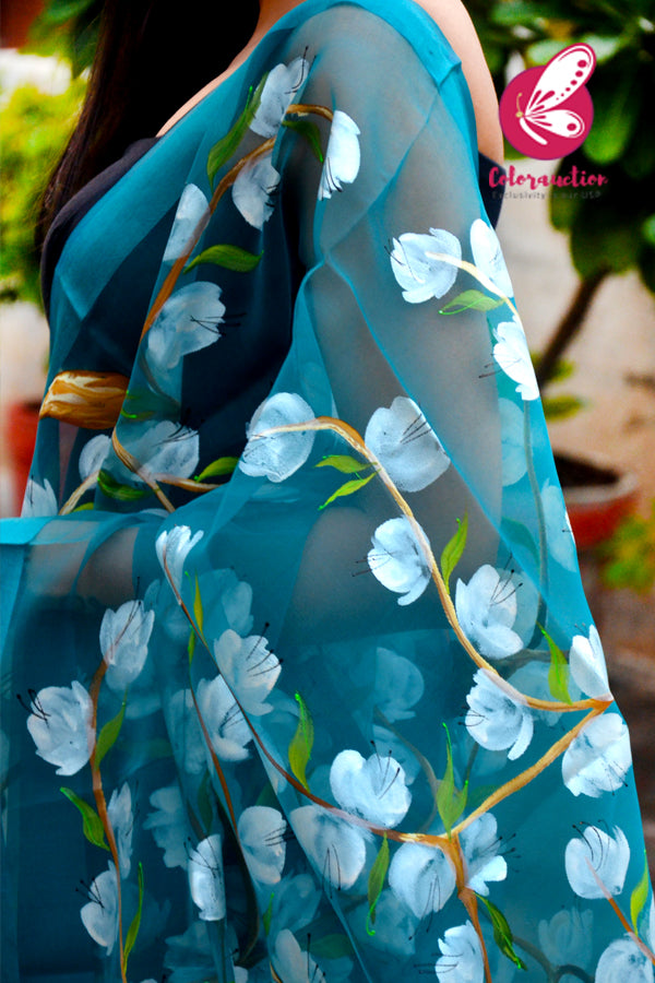 Teal Green Organza Hand painted Floral Stole