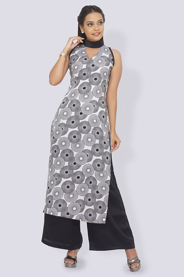White Crepe Printed Straight Kurti