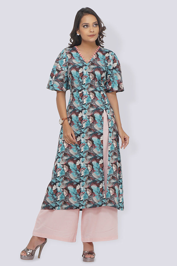 Blue Crepe Printed A-Line Kurti
