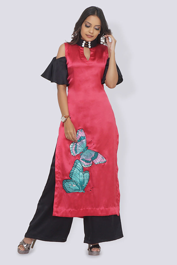 Pink Satin Patched Straight Kurti