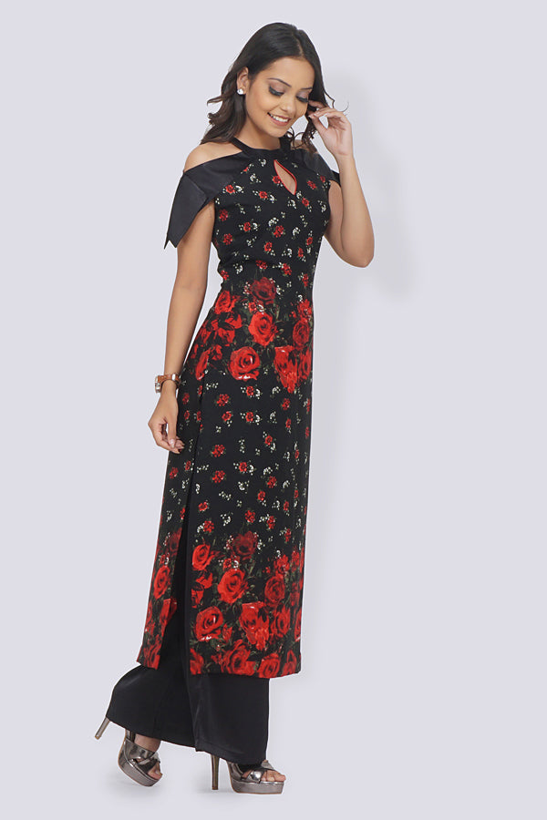 Black Crepe Printed Straight Kurti