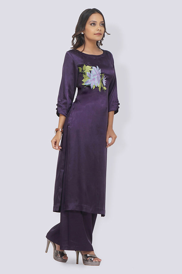 Purple Satin Embroidered Straight Kurti Set