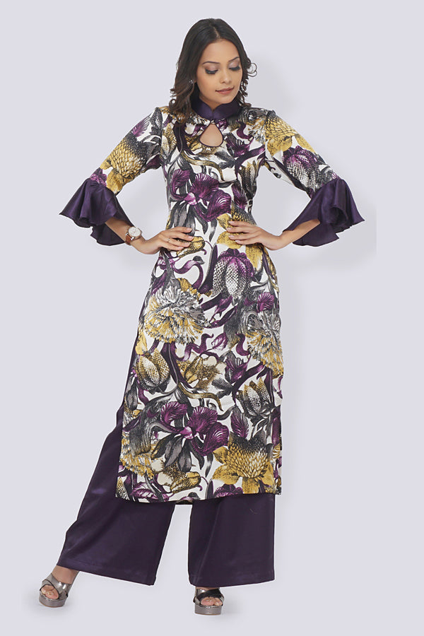 Purple Printed Satin Straight Kurti Set