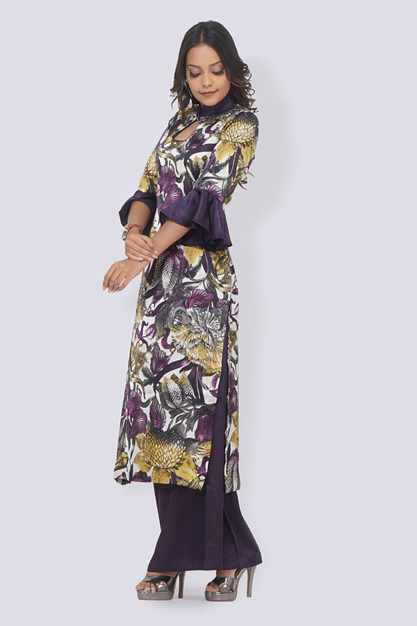 Purple Printed Satin Straight Kurti Set
