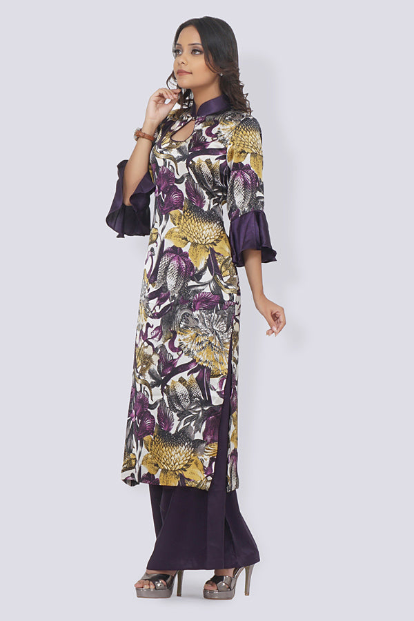 Purple Printed Satin Straight Kurti Set