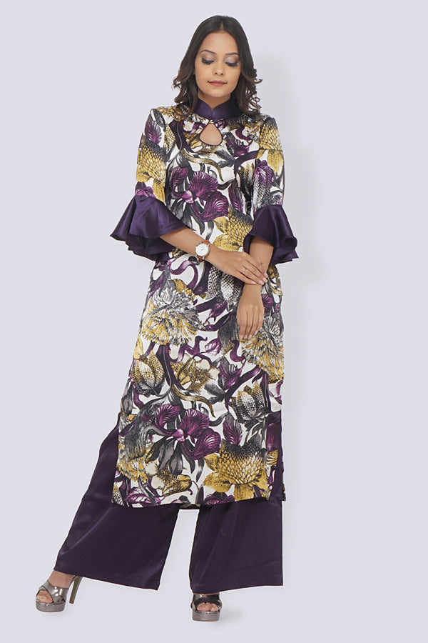 Purple Printed Satin Straight Kurti Set