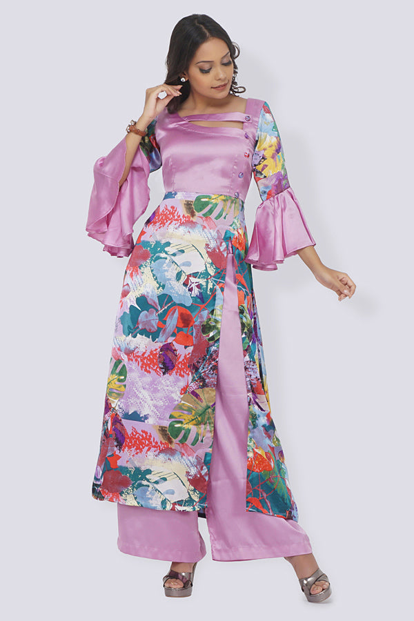 Light Purple Satin Printed A- Line Kurti Set