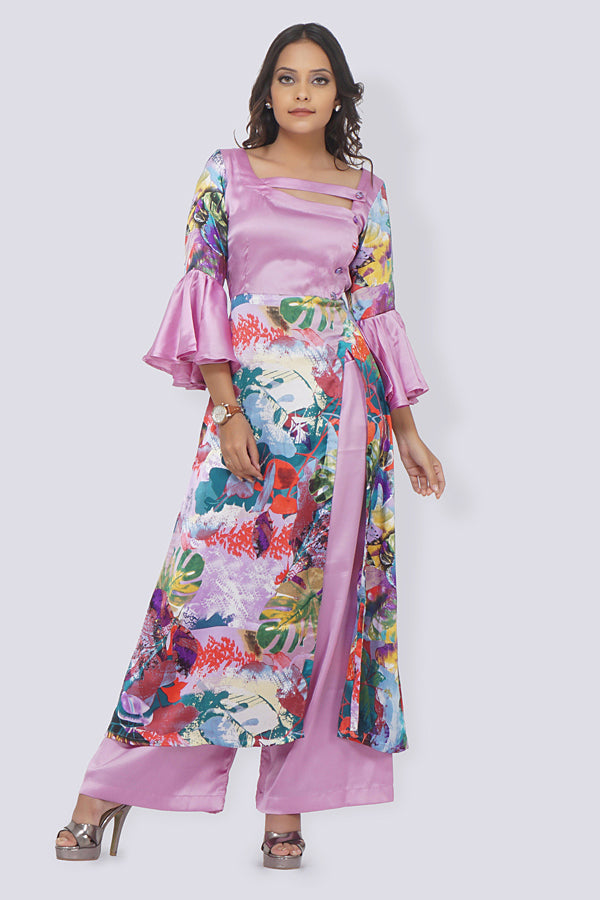 Light Purple Satin Printed A- Line Kurti Set