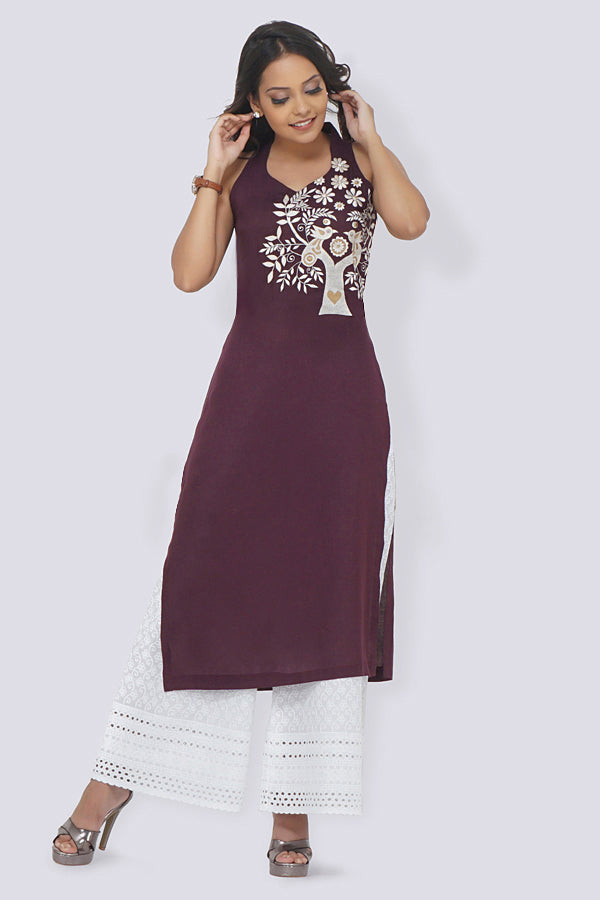 Wine Modal Rayon Embroidered Straight Kurti