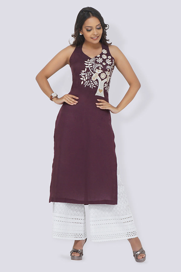 Wine Modal Rayon Embroidered Straight Kurti