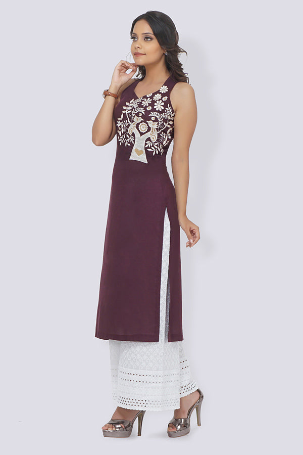 Wine Modal Rayon Embroidered Straight Kurti