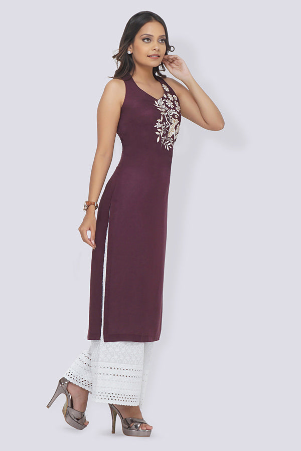 Wine Modal Rayon Embroidered Straight Kurti