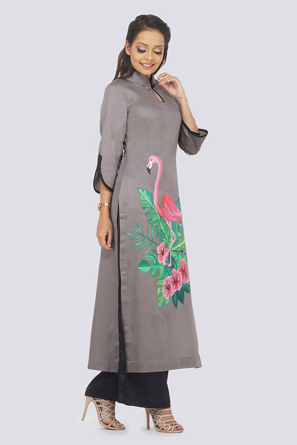 Grey Cotton Hand-Painted Straight Kurti
