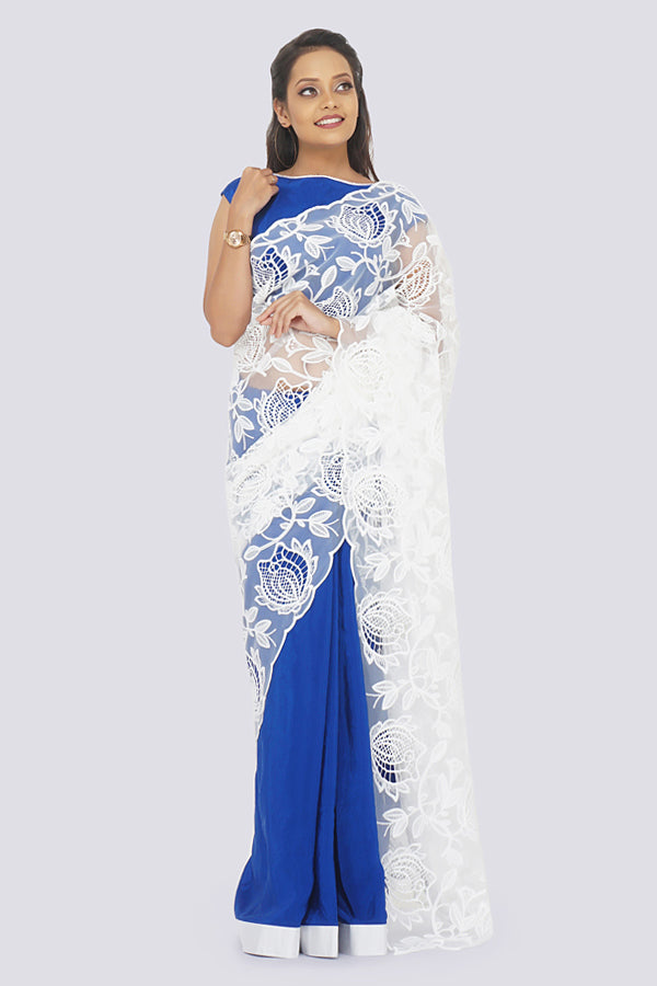 Blue & White Pure Crepe Net Saree