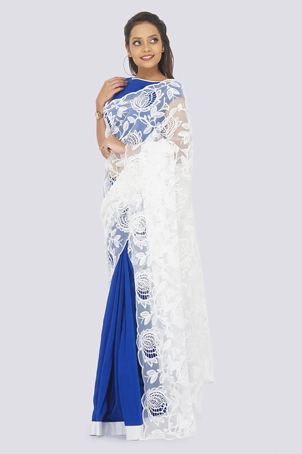 Blue & White Pure Crepe Net Saree