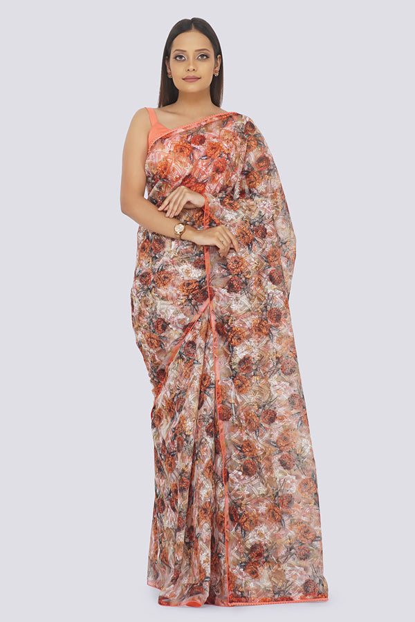 Teak Thread Work Pom Pom Lace Saree