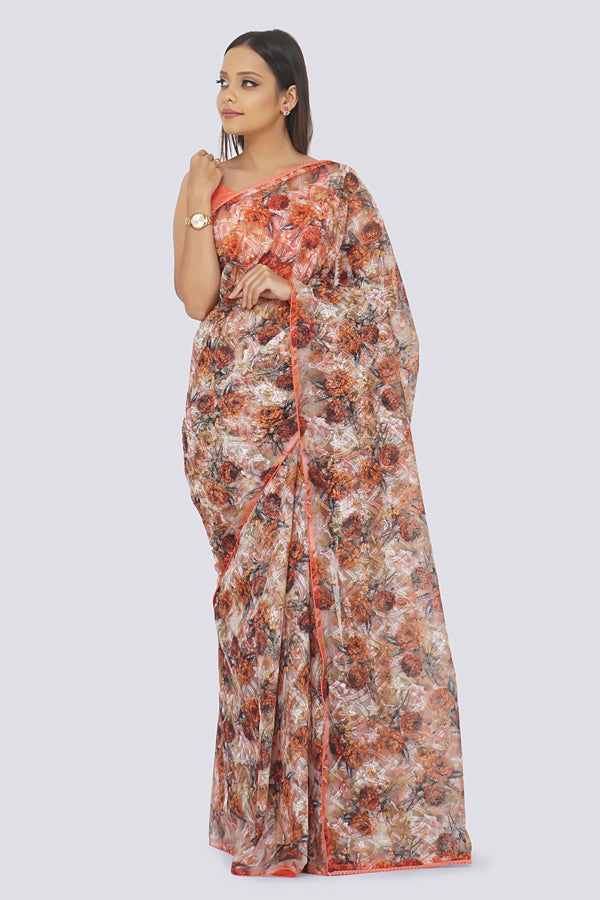 Teak Thread Work Pom Pom Lace Saree