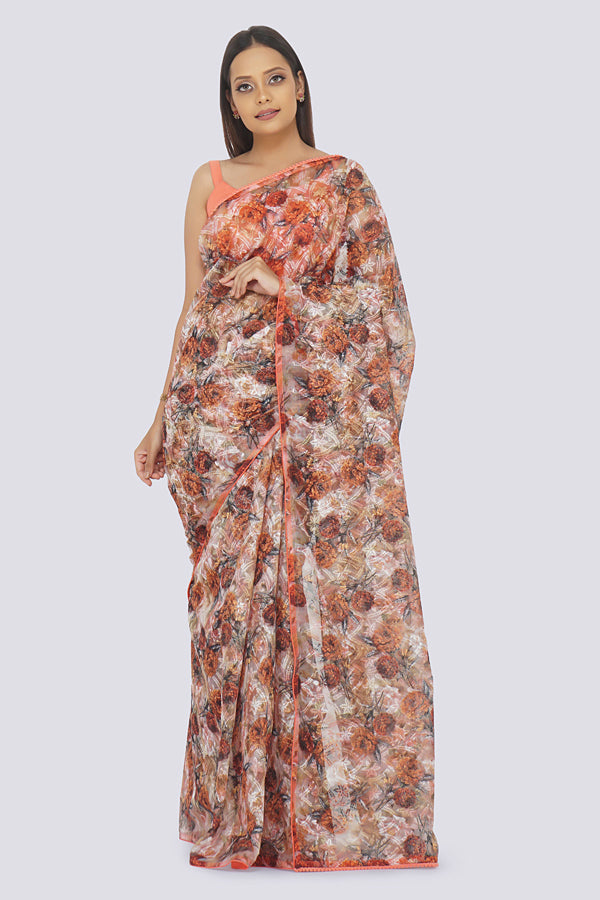 Teak Thread Work Pom Pom Lace Saree