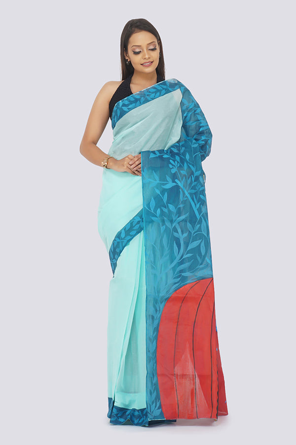 Sky Blue Organdy Handpainted Saree