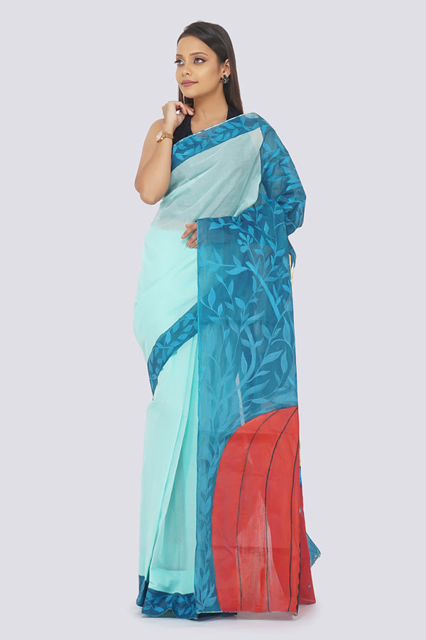 Sky Blue Organdy Handpainted Saree