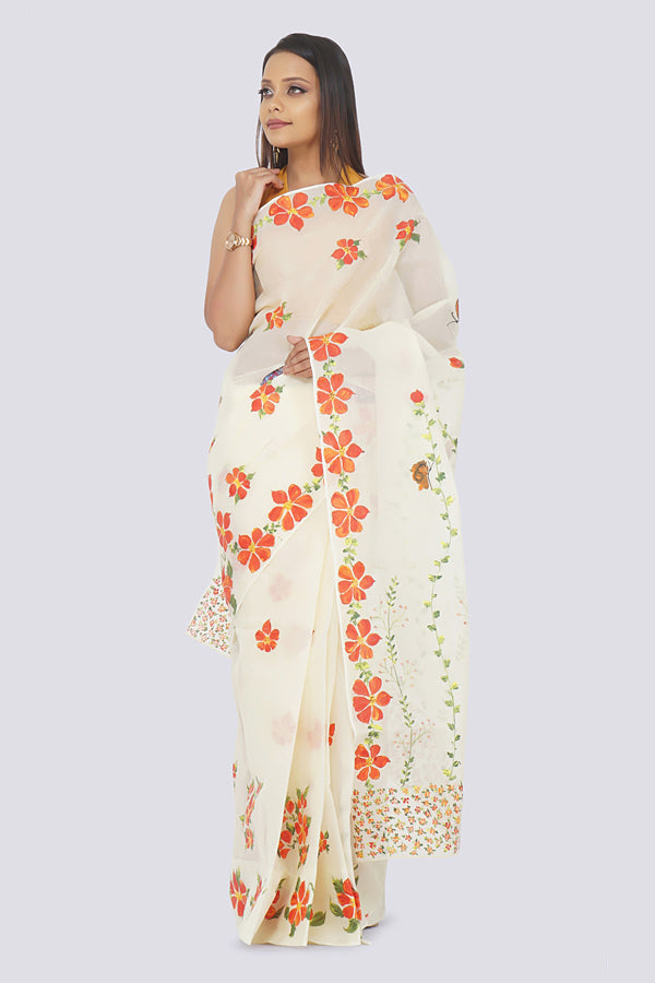 Light Cream Organdy Handpainted  Saree