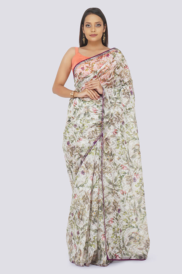 Purple Thread Work Pom Pom Lace Border Saree