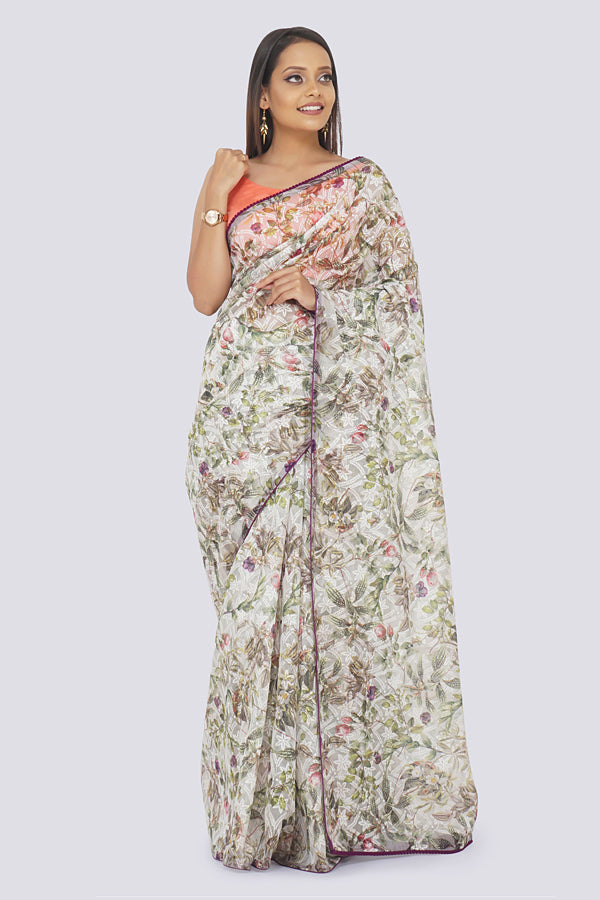 Purple Thread Work Pom Pom Lace Border Saree