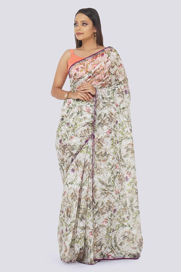 Purple Thread Work Pom Pom Lace Border Saree