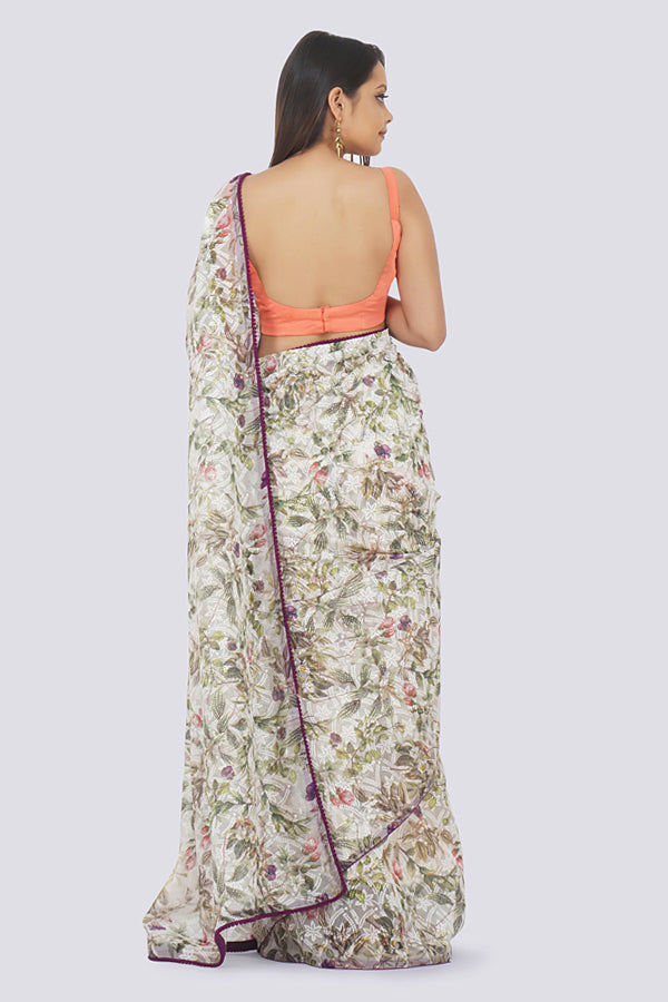 Purple Thread Work Pom Pom Lace Border Saree
